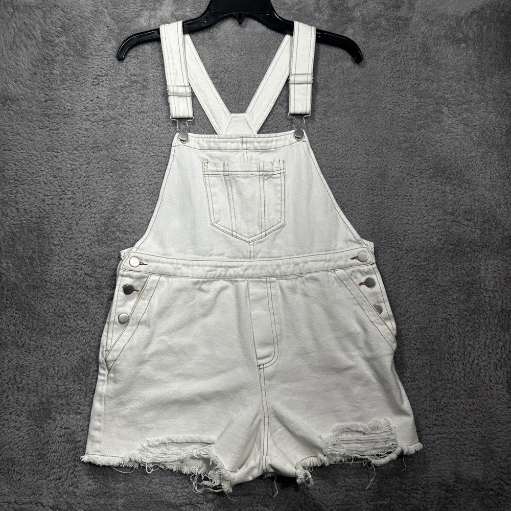 Lelis‎ Collection Shortalls Womens Medium White Denim Distressed Overalls IM4471